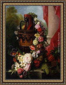 Greek Framed Paintings - A Greek Urn with Garland of Roses by Virginie de Sartorius