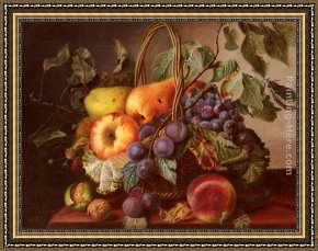 Four Children with a Basket of Fruit Framed Paintings - A Still Life With A Basket Of Fruit by Virginie de Sartorius