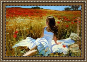 Poppies Framed Paintings - Picnic amongst the Poppies by Vladimir Volegov