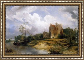Nuyen Framed Paintings - River Landscape with Ruins by Wijnandus Johannes Josephus Nuyen