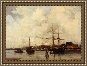 View of a Harbour Framed Paintings - A View Of Harlingen Harbour by Willem George Frederik Jansen