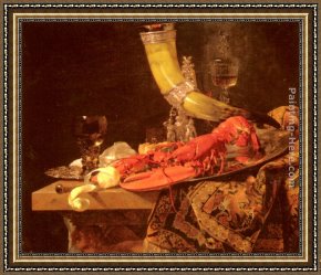 Sebastian Framed Paintings - Still Life with the Drinking-Horn of the Saint Sebastian Archers' Guild, Lobster and Glasses by Willem Kalf