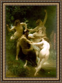 Nymph And Triton Framed Paintings - Nymphs and Satyr. by William Bouguereau
