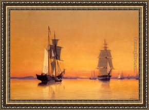 Venice Twilight Framed Paintings - Ships in Boston Harbor at Twilight by William Bradford