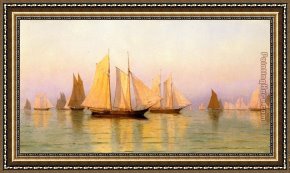 Evening Mood Framed Paintings - Sloops and Schooners at Evening Calm by William Bradford