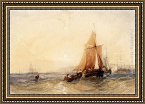 Seascape on a Cliff with Boat And Sunset Framed Paintings - Fishing Boats Off The Coast At Sunset by William Callow