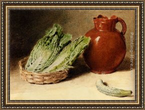 Still Life of Marigolds in a Westerwald Jug Framed Paintings - Still Life With A Jug, A Cabbage In A Basket And A Gherkin by William Henry Hunt