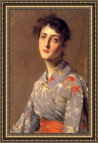 Waterlilies And Japanese Bridge Framed Paintings - Girl in a Japanese Kimono by William Merritt Chase
