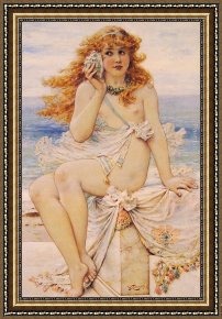 Nymph And Triton Framed Paintings - Nymph with Conch Shell by William Stephen Coleman