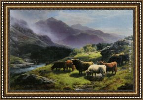 In The Mountains Framed Paintings - Highland Cattle Grazing by a Mountain Stream by William Watson