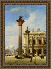 Town Square Framed Paintings - Figures in St Marks Square Venice by William Wilde