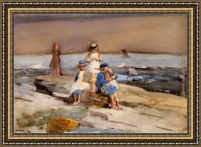 Four Children with a Basket of Fruit Framed Paintings - Children on the Beach by Winslow Homer
