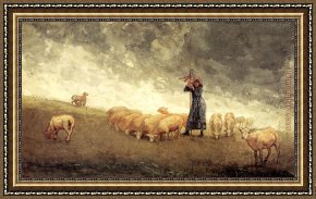 A Shepherdess with Her Flock Framed Paintings - Shepherdess Tending Sheep by Winslow Homer
