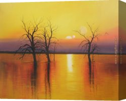 Flowering Apple Tree Branch Canvas Paintings - Sunset trees & water by 2010