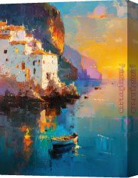 Seascape on a Cliff with Boat And Sunset Canvas Paintings - Seascape on a Cliff with Boat And Sunset by 2011