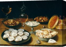 Wine Canvas Paintings - Dishes with Oysters Fruit And Wine by 2017 new