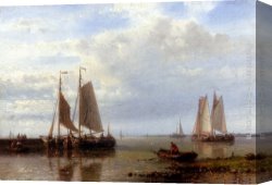 Mediterranean Shipping Canvas Paintings - Shipping In A Calm Estuary by Abraham Hulk Snr