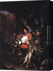 The Wasp's Nest Canvas Paintings - Still-Life with Fishes and Bird Nest by Abraham Mignon