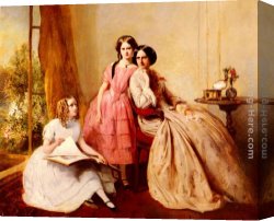 Portrait of a Girl Wearing a Pearl Necklace Canvas Paintings - A Portrait Of Two Girls With Their Governess by Abraham Solomon