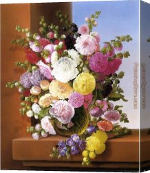 A Still Life with Flowers Grapes And a Melon Canvas Paintings - Still Life of Flowers by Adelheid Dietrich