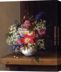 A Still Life with Flowers Grapes And a Melon Canvas Paintings - Still Life with Dog Roses_ Larkspur and Bell Flowers in a White Cup by Adelheid Dietrich