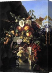 A Still Life with Flowers Grapes And a Melon Canvas Paintings - Still Life with Grapes_ Peaches_ Flowers and a Butterfly by Adelheid Dietrich