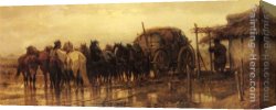Horse's Canvas Paintings - Hitching Horses to the Wagon by Adolf Schreyer