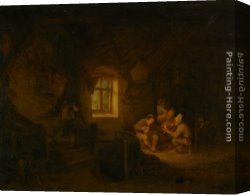Peasants Canvas Paintings - A Tavern Interior with Peasants Drinking Beneath a Window by Adriaen van Ostade