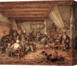 Peasants Canvas Paintings - Feasting Peasants in a Tavern by Adriaen van Ostade