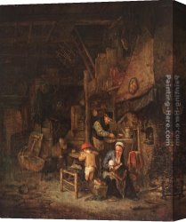 Peasants Canvas Paintings - Interior with a Peasant Family by Adriaen van Ostade