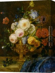 A Still Life with Flowers Grapes And a Melon Canvas Paintings - A Still Life with Flowers in a Golden Vase by Adriana-Johanna Haanen