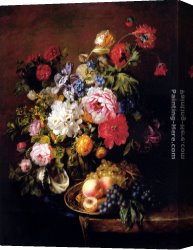 Pots Canvas Paintings - Roses, Peonies, Poppies, Tulips And Syringa In A Terracotta Pot With Peaches And Grapes On A Copper Ewer On A Draped Marble Ledge by Adriana-Johanna Haanen