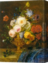 A Still Life with Flowers Grapes And a Melon Canvas Paintings - Still Life with Flowers in a Golden Vase by Adriana-Johanna Haanen