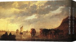 Cuyp Canvas Paintings - Herdsman with Cows by a River by Aelbert Cuyp