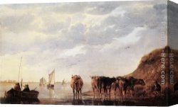 Cuyp Canvas Paintings - Herdsman with Five Cows by a River by Aelbert Cuyp