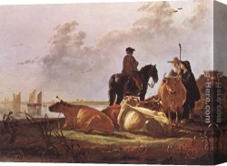Cuyp Canvas Paintings - Peasants with Four Cows by the River Merwede by Aelbert Cuyp