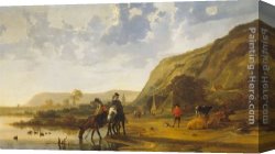Cuyp Canvas Paintings - River Landscape with Riders by Aelbert Cuyp
