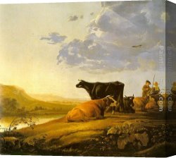 Cuyp Canvas Paintings - Young Herdsman with Cows by Aelbert Cuyp