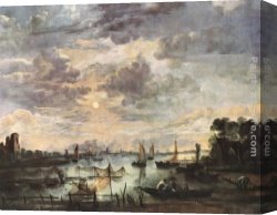 Dordrecht Harbour by Moonlight Canvas Paintings - Fishing at Moonlight by Aert van der Neer