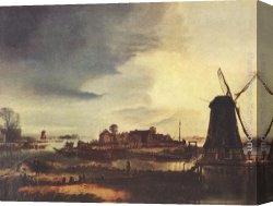 Windmill at Zaandam 2 Canvas Paintings - Landscape with Windmill by Aert van der Neer