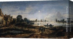 Dordrecht Harbour by Moonlight Canvas Paintings - River View by Moonlight by Aert van der Neer