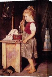 Hair Canvas Paintings - Young Girl Combing Her Hair by Agathe Rostel