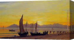 Seascape on a Cliff with Boat And Sunset Canvas Paintings - Boats Ashore at Sunset by Albert Bierstadt