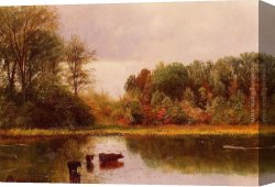 Landscape with Shepherds Watering Their Flocks Canvas Paintings - Cows Watering in a Landscape by Albert Bierstadt