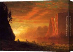 Deer Canvas Paintings - Deer at Sunset by Albert Bierstadt