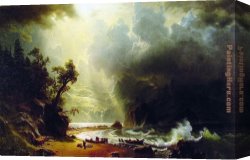Rocky Coast And Gulls Canvas Paintings - Puget Sound on the Pacific Coast by Albert Bierstadt