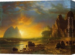 Rocky Coast And Gulls Canvas Paintings - Sunset on the Coast by Albert Bierstadt