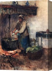 Peasants Canvas Paintings - A Cottage Interior With A Peasant Woman Preparing Supper by Albert Neuhuys