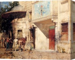Before a Mosque (cairo) Canvas Paintings - Outside The Mosque by Alberto Pasini