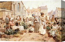 Town Canvas Paintings - Flower Market in a French Town by Alfred Glendening